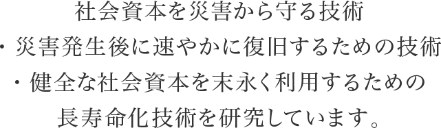 社会資本を災害から守る技術・災害発生後に速やかに復旧するための
技術・健全な社会資本を末永く利用するための長寿命化技術を研究しています。